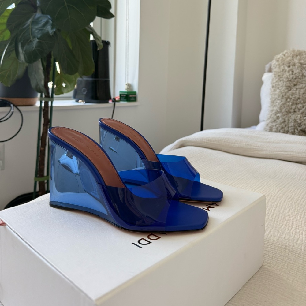 Amina Muaddi Vibrant Blue Wedge Sandals